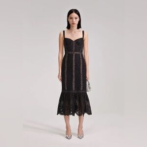 Self Portrait Black Cord Lace Insert Midi Dress Size 6